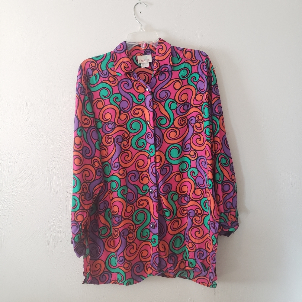 Vintage Tarazzia Bright Swirl Printed Button Down Top Size Medium